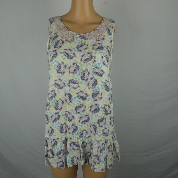 Free People Floral Swing Tunic Tank Top Lace Faux Peter Pan Collar Twee Rose Sm - Picture 1 of 8